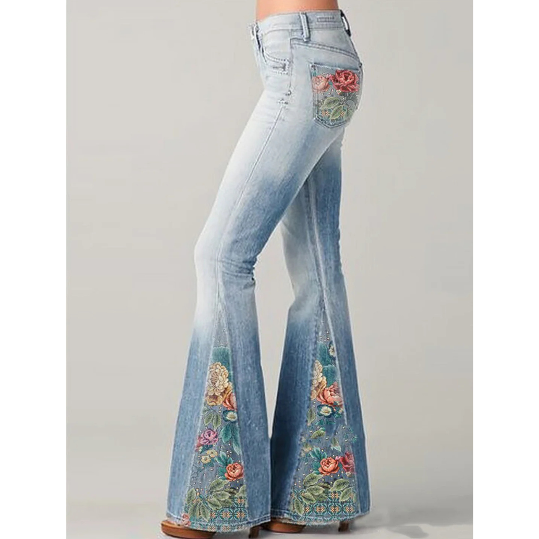 Damen-Jeans mit Blumenstickerei | ausgestellte Beinführung