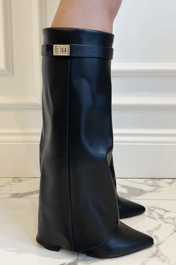 Damen-Stiefel mit Umschlagdetail | hohe Schaftausführung