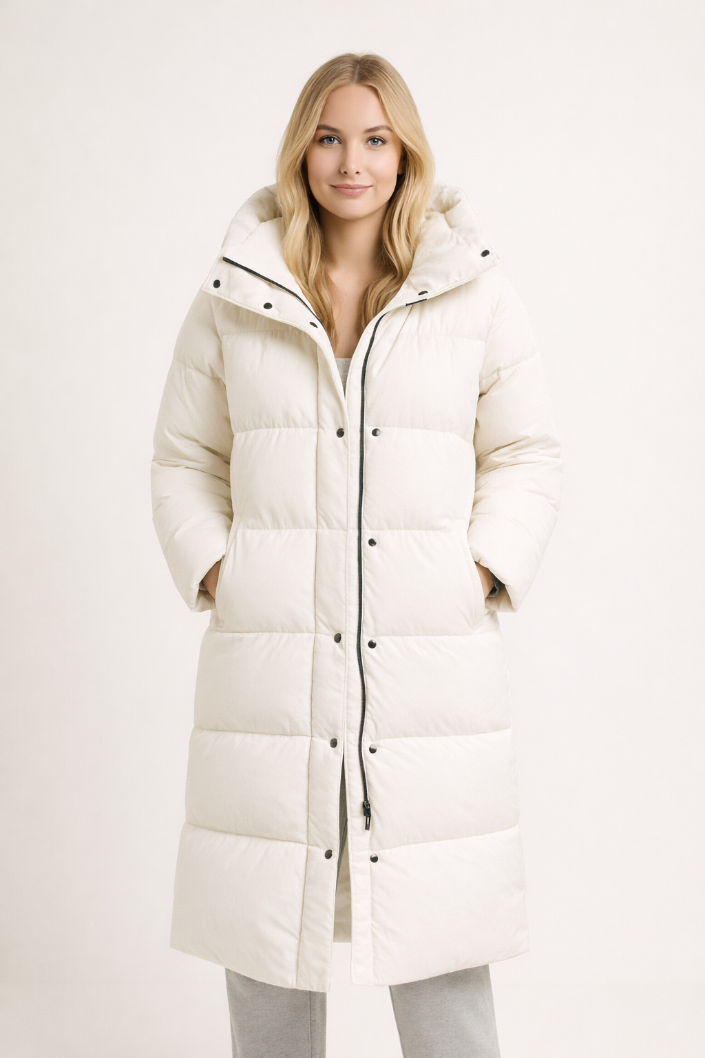 Damen Langer Steppmantel | Gestepptes Design mit Kapuze